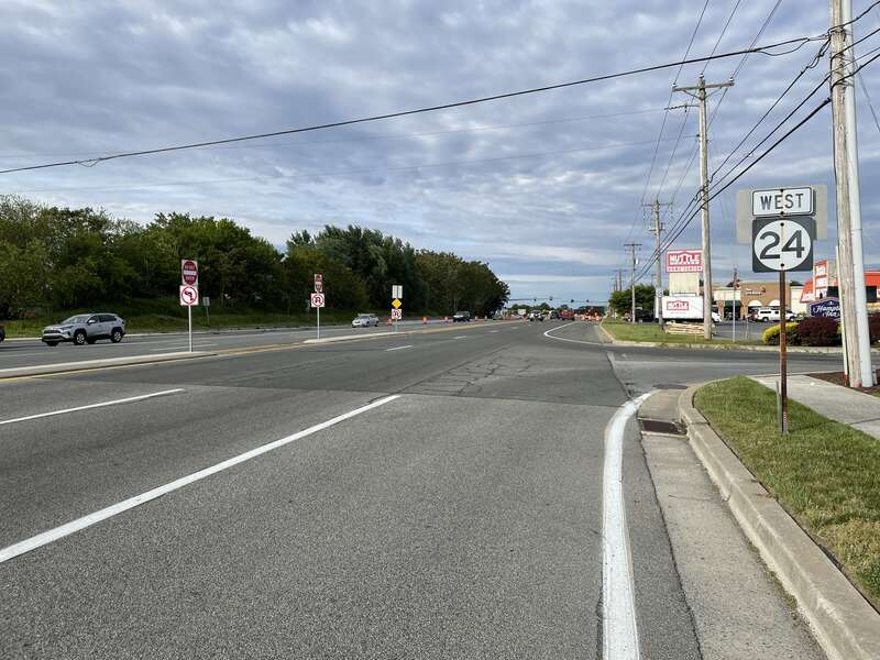 Westbound Delaware Route 24/northbound Delaware Route 1D (John J. Williams Highway) past the intersection with Delaware Route 1 (Coastal Highway) in Midway, Delaware