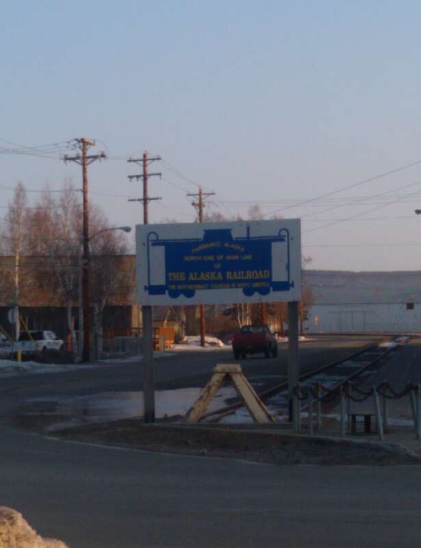 Sign in downtown Fairbanks, Alaska, noting the north end of the main line for the Alaska Railroad.  To the right (out of the shot) is the Aurora Building, which houses the Fairbanks Daily News-Miner, and the former railroad depot, which was replaced