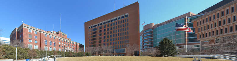 St. Louis County, Missouri Government Center.  From left to right: St. Louis County Police Headquarters, Lawrence K. Roos County Government Building, Buzz Westfall Justice Center, St. Louis County Courts Building