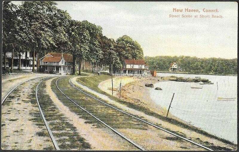 Divided back postcard of streetcar tracks at Short Beach in Branford, postmarked 1908