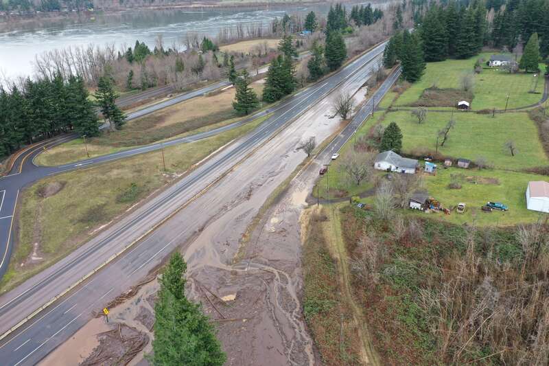 Flooding and debris on I-84 at Exit 35, near Ainsworth State Park.