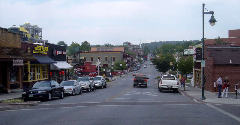 Dickson Street, the center of activity in Fayetteville; it leads through town to the University of Arkansas.  Photo taken by Bobak Ha'Eri.  September 2, 2006. Please observe license and properly cite in use outside Wikipedia.