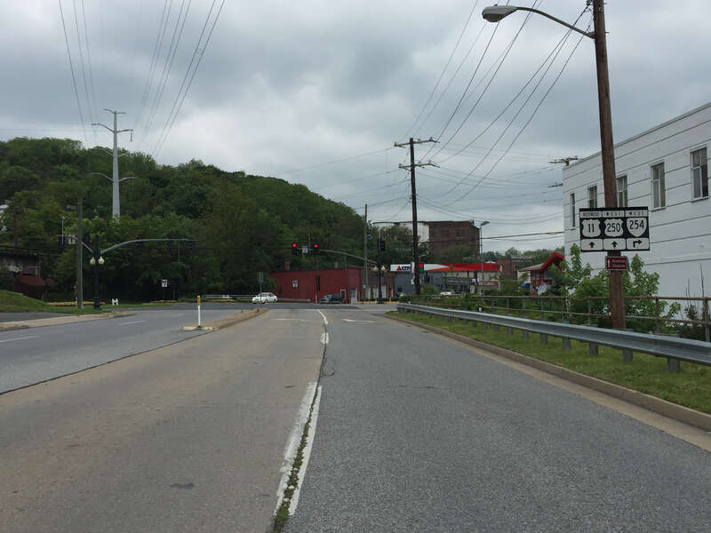 View west along Commerce Road (U.S. Route 11 southbound and Virginia State Route 254 westbound) at Greenville Avenue (U.S. Route 11 Business, U.S. Route 250) in Staunton, Virginia