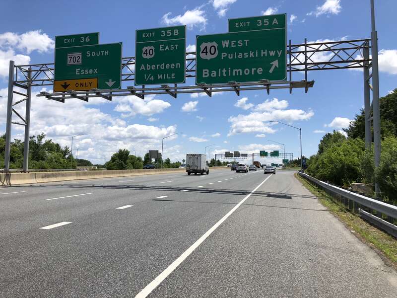 View south along the Inner Loop of the Baltimore Beltway (Interstate 695) at Exit 35A (U.S. Route 40 WEST/Pulaski Highway, Baltimore) on the edge of Rosedale and Rossville in Baltimore County, Maryland