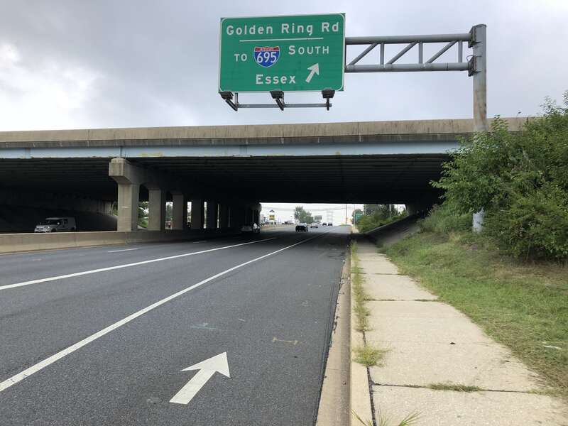 View west along U.S. Route 40 (Pulaski Highway) at exit for Golden Ring Road (TO Interstate 695 SOUTH, Essex) on the edge of Middle River and Rossville in Baltimore County, Maryland