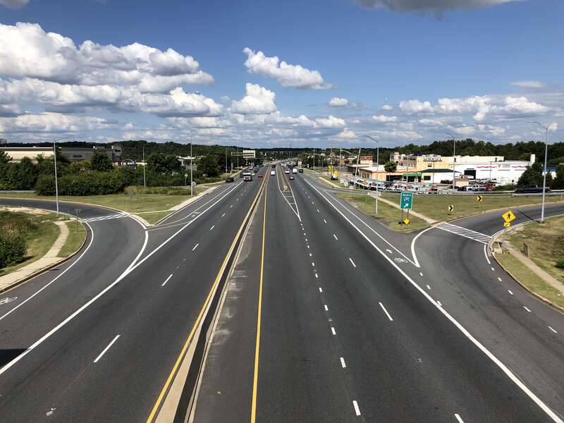 View east along U.S. Route 40 (Pulaski Highway) from the overpass for Interstate 695 (Baltimore Beltway) on the edge of Middle River and Rossville in Baltimore County, Maryland