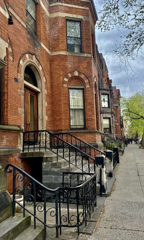Standing on the south side of State Street just west of its corner with Dove Street, these lovely 19th-century brick rowhouses are among the contributing properties to Albany's Center Square/Hudson-Park Historic District, listed on the National
