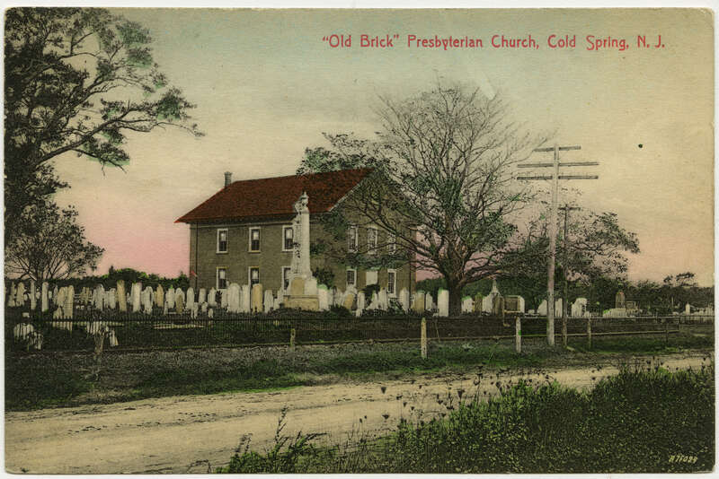Old Brick Presbyterian Church in Cold Spring, Cape May County, New Jersey from a pre-1923 postcard
From RG 428, Postcard Collection, Presbyterian Historical Society, Philadelphia, Pennsylvania. View from the Southeast