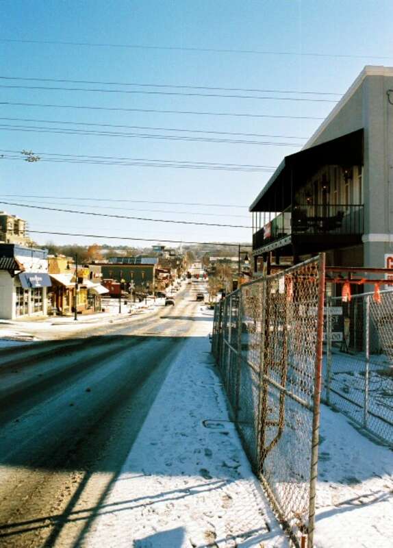 The Dickson Street looking east in Fayetteville, Arkansas.)