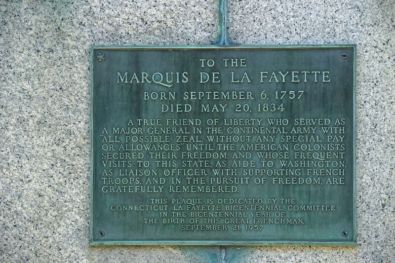 Lafayette Statue in Hartford, Connecticut, dedicated 1932. By sculptor Paul Wayland Bartlett, is a copy of a 1907 statue in Paris. The plaque was added in 1957.