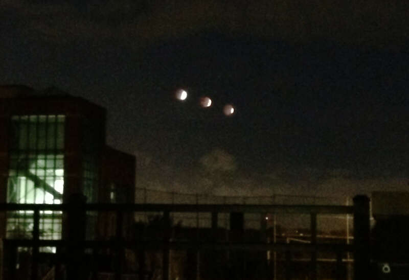 Lunar Eclipse, October 8, 2014 at 6:10am, 6:16am. and  6:19am. Photos were taken with iPhone 5s near the DeBaun Athletic Complex at Stevens Institute of Technology, Hoboken, NJ. 

Photo: Hope Brandes
