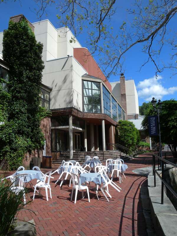Looking north at the dining terrace behind Playhouse on a sunny morning.