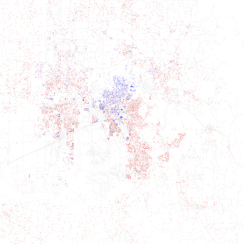 Maps of racial and ethnic divisions in US cities, inspired by Bill Rankin's map of Chicago, updated for Census 2010.
Red is White, Blue is Black, Green is Asian, Orange is Hispanic, Yellow is Other, and each dot is 25 residents.

Data from Census