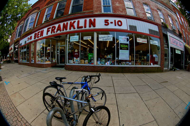 Ben Franklin's Five and Dime, and the Carlyle Shop.  Fisheye perspective.