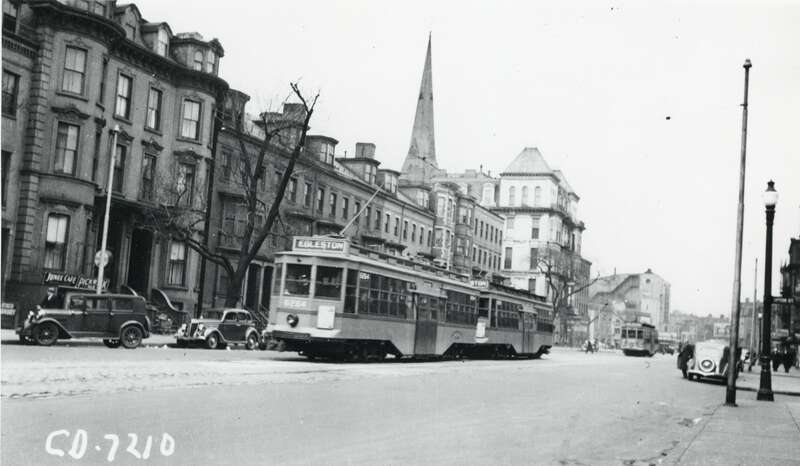 A two-car train of center-entrance streetcars on Tremont Street at Upton Street (just north of Dartmouth Street), probably in the 1930s. This route was eventually numbered 43; it was the last route into the southern branch of the Tremont Street