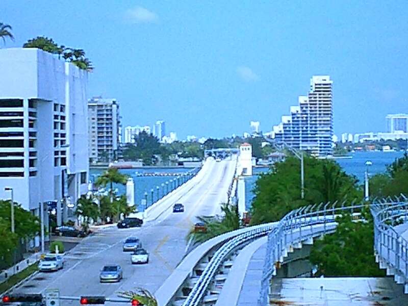 Venetian Causeway in downtown Miami looking east towards Miami Beach.