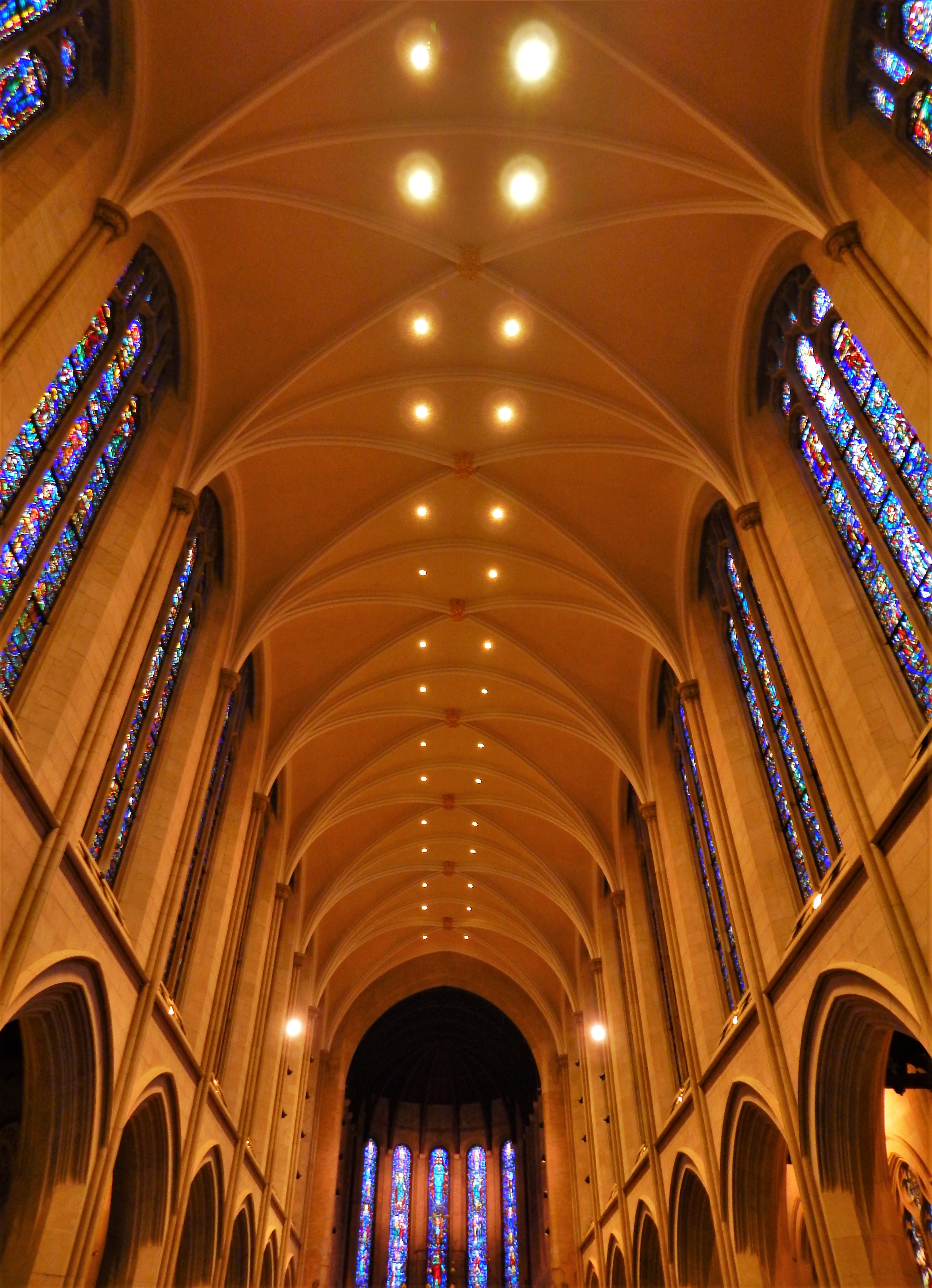 Transverse rib vaults arch seventy feet above the floor of the nave.