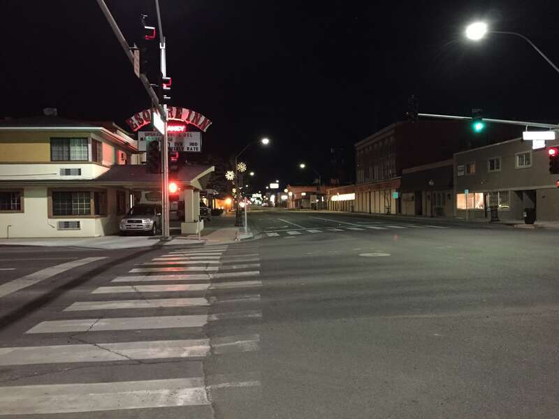 View east along Idaho Street (Interstate 80 Business) at the end of Nevada State Route 535 and Fifth Street (Nevada State Route 227) at night in Elko, Nevada