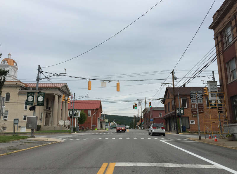 View east along U.S. Route 50 and north along West Virginia State Route 28 (Main Street) at High Street in Romney, Hampshire County, West Virginia