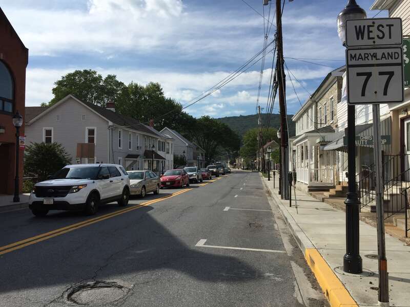View west along Maryland State Route 77 (Main Street) at Maryland State Route 550 and Maryland State Route 806 (Church Street) in Thurmont, Frederick County, Maryland