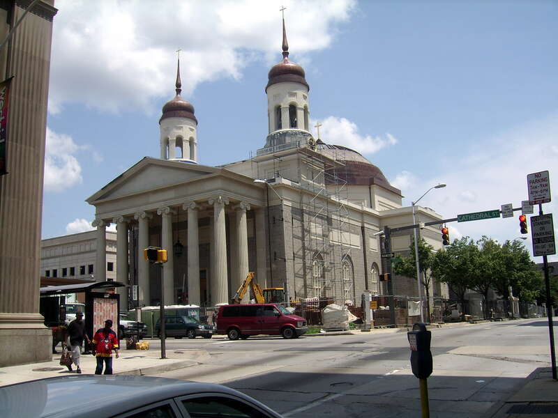 Basilica of the Assumption, Cathedral Street, Baltimore, the first Roman Catholic cathedral built in the United States.  The Basilica was constructed (1806–1821) to a design of Benjamin Henry Latrobe — architect of the U.S. Capitol