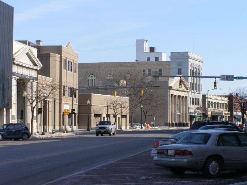 Eagles Building, (left side of street, tall white facade), Lorain, Ohio