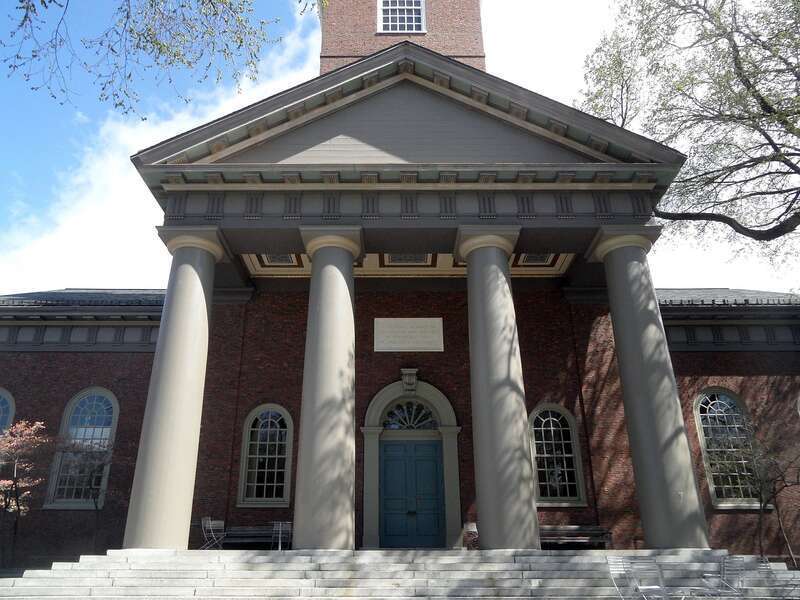 Cambridge, MA: Harvard Memorial Church, south side portico; in April 2019
