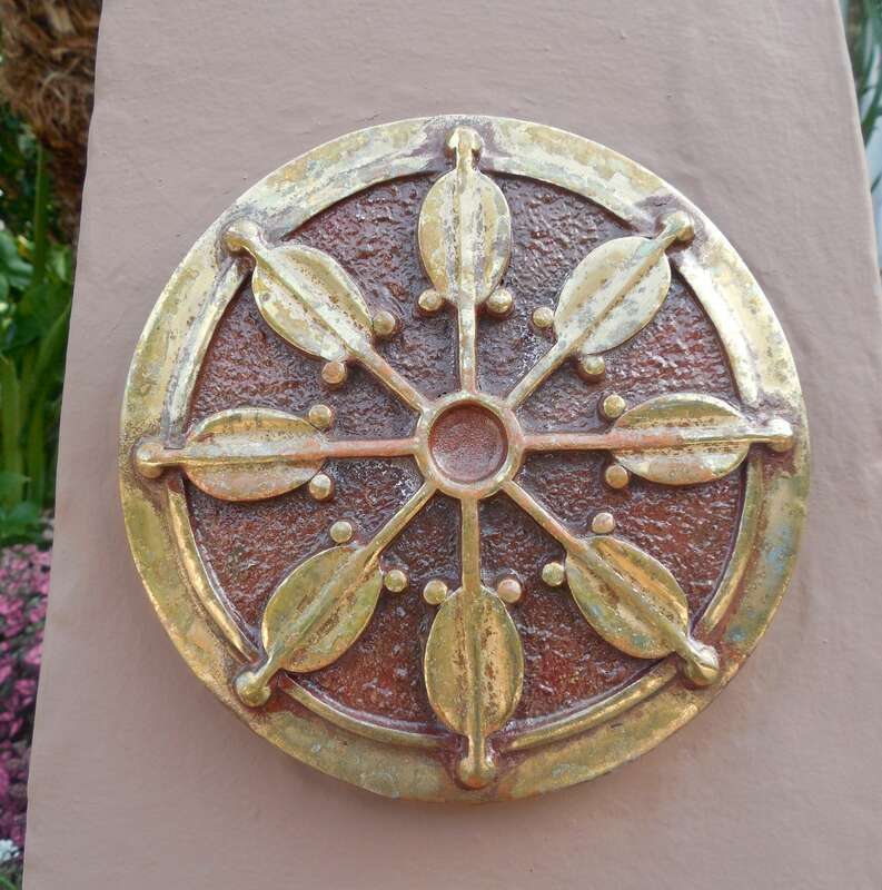 Dharmachakra symbol in the &quot;Court of Religions&quot; at the Self-Realization Fellowship Lake Shrine, Pacific Palisades, Los Angeles, California, United States.