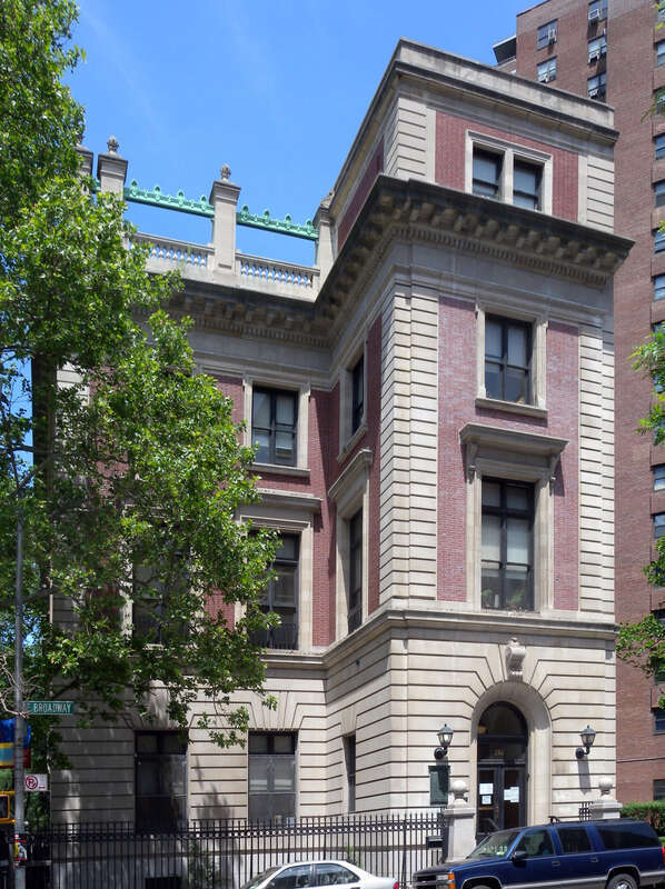 Looking north across East Broadway at Seward Park Library on a sunny early afternoon.  ZIP 10002.