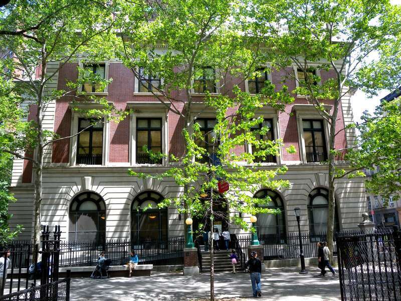 Looking east at Seward Park Library on a sunny early afternoon.