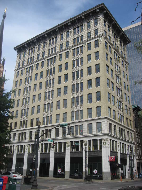 Front and western side of the Republic Building, located at 429 W. Muhammad Ali Boulevard in Louisville, Kentucky, United States.  Built in 1912, it is listed on the National Register of Historic Places.