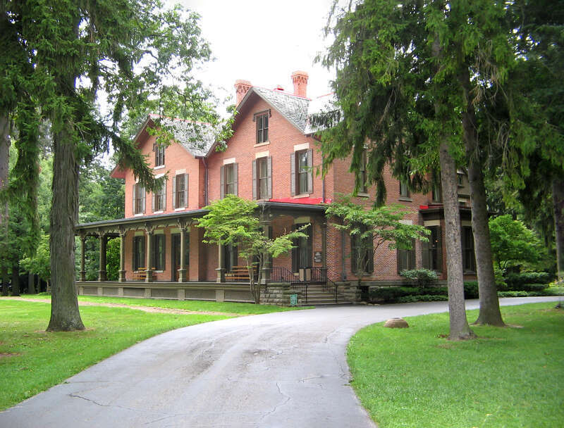 Looking up the main driveway to the front of Spiegel Grove, the home of U.S. President Rutherford B. Hayes in Fremont, Ohio, United States.  The house has been declared a National Historic Landmark.