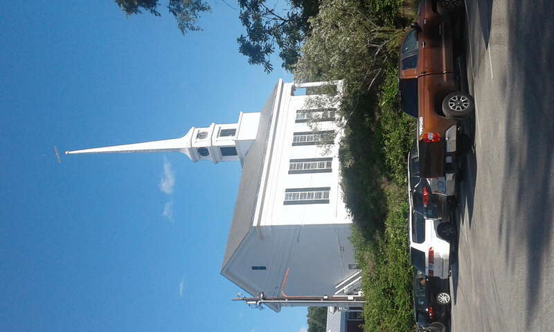 Rearview of Stowe Community Church in Stowe, Vermont.