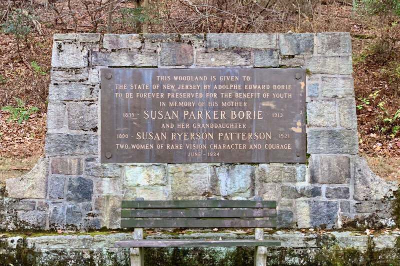 Memorial monument to Susan Parker Borie and Susan Ryerson Patterson at the entrance to Hacklebarney State Park, New Jersey.