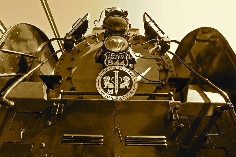 Union Pacific 4-8-4 locomotive #844 was in Houston for the 150-year anniversary of Union Pacific.  Sepia-tone image.