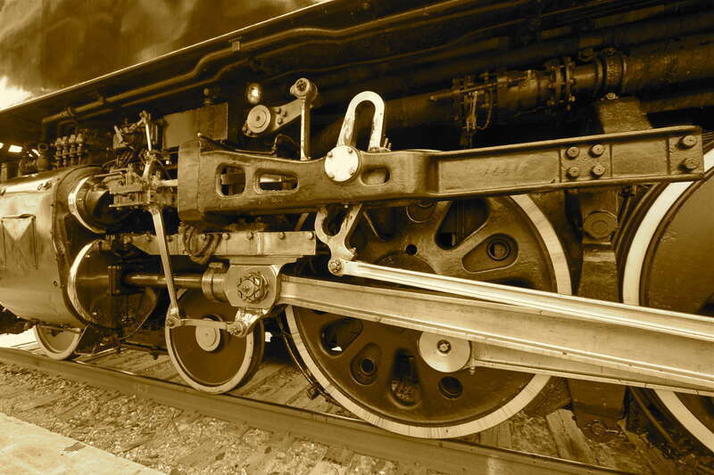 1944 steam locomotive in Houston for the Union Pacific 150 year anniversary celebration.  Sepia-tone image.
