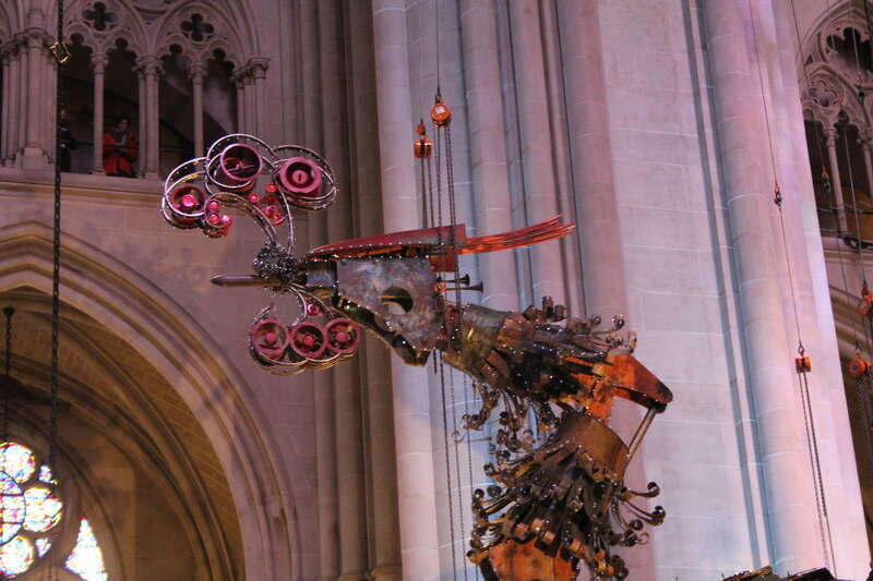 Phoenix sculpture by Chinese artist Xu Bing, displayed at the Cathedral of St. John the Divine in New York City.  This is a detail of the male's head.