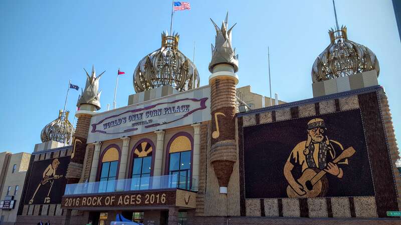 The Corn Palace in Mitchell, South Dakota in May 2016. The 2016 theme was &quot;Rock of Ages,&quot; featuring musical artist Willie Nelson on the front facade.