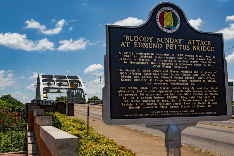 A historic marker at the Edmund Pettus Bridge in Selma, Alabama.