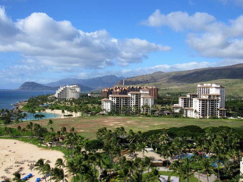 Four Season Hotel Ko Olina, Aulani‎, and Ko Olina Beach Beach Villas from the Marriott Ko Olina Beach Club in‎ Ko Olina, Hawaii.