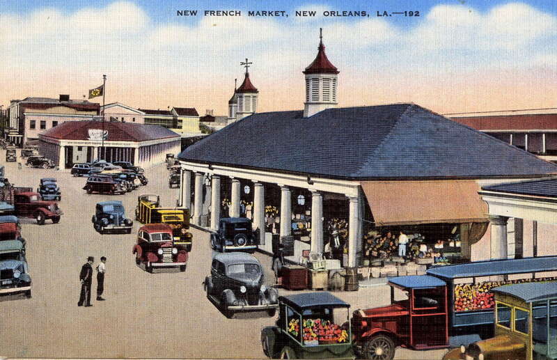 French Market, New Orleans, Louisiana. &quot;New French Market&quot;, as opposed to the &quot;Old French Market&quot; a bit further down river.  Old postcard view.  Scene looking down river on Decatur Street, with Peters Street splitting off to right. The &quot;Morning Call&quot;