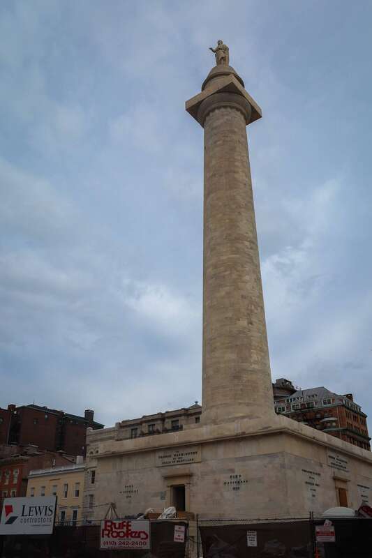 The George Washington Monument, designed by Robert Mills, in the Mount Vernon Place Historic District of Baltimore