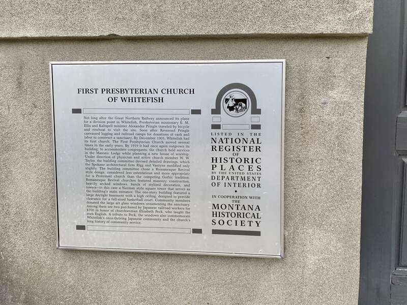 Built in 1921, this stripped and stark Romanesque Revival-style church, home to a Presbyterian congregation, stands at the corner of Central Avenue and 3rd Street in downtown Whitefish, Montana.