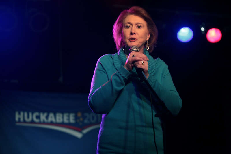 Janet Huckabee, wife of former Governor Mike Huckabee, speaking with supporters at a campaign rally featuring country musician Josh Turner at Wooly's in Des Moines, Iowa.

Please attribute to Gage Skidmore if used elsewhere.