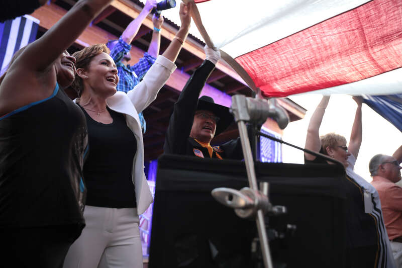 Kari Lake with supporters at a &quot;Back the Blue&quot; campaign rally at Frontier Town in Cave Creek, Arizona.

Please attribute to Gage Skidmore if used elsewhere.