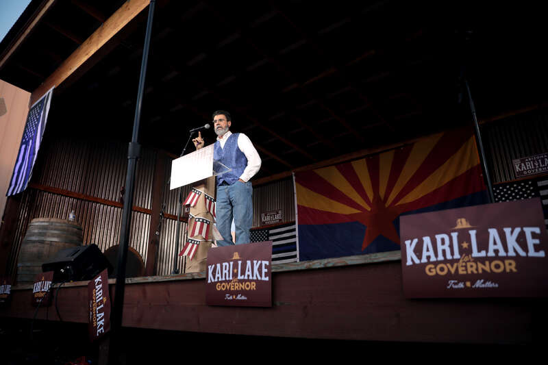 Mark Spencer speaking with supporters at a &quot;Back the Blue&quot; campaign rally at Frontier Town in Cave Creek, Arizona.

Please attribute to Gage Skidmore if used elsewhere.