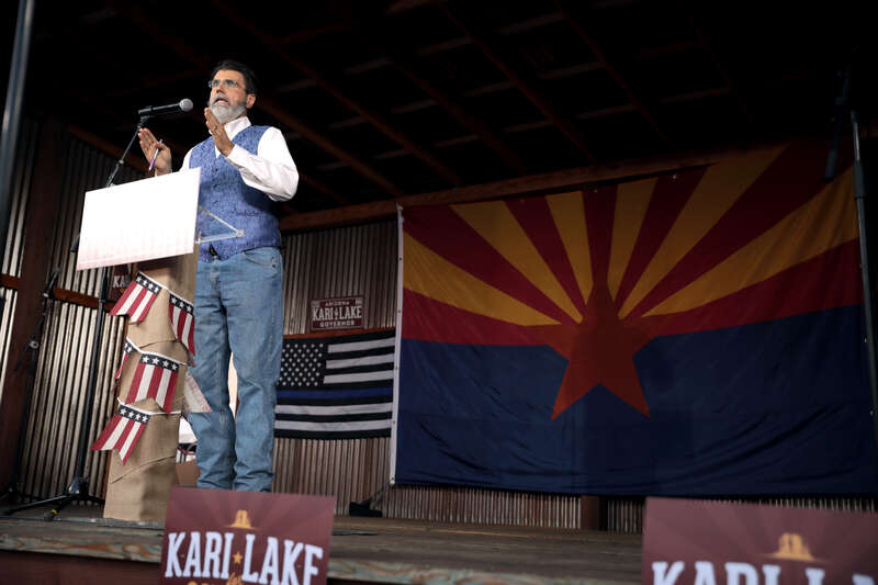 Mark Spencer speaking with supporters at a &quot;Back the Blue&quot; campaign rally at Frontier Town in Cave Creek, Arizona.

Please attribute to Gage Skidmore if used elsewhere.