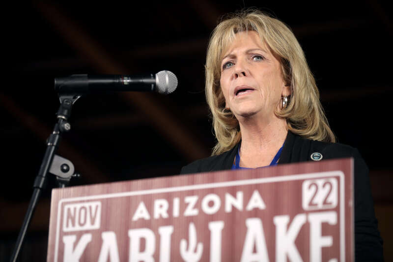 Mary Ann Mendoza speaking with supporters at a &quot;Back the Blue&quot; campaign rally at Frontier Town in Cave Creek, Arizona.

Please attribute to Gage Skidmore if used elsewhere.