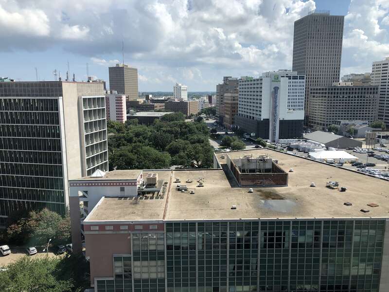 Aerial view over the Poydras Street / Loyola Avenue intersection in downtown New Orleans, Louisiana.