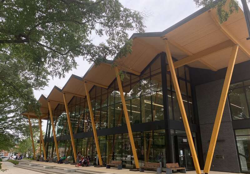 The exterior of the newly renovated Southwest Neighborhood Library, part of the District of Columbia Public Library system, in July 2021.